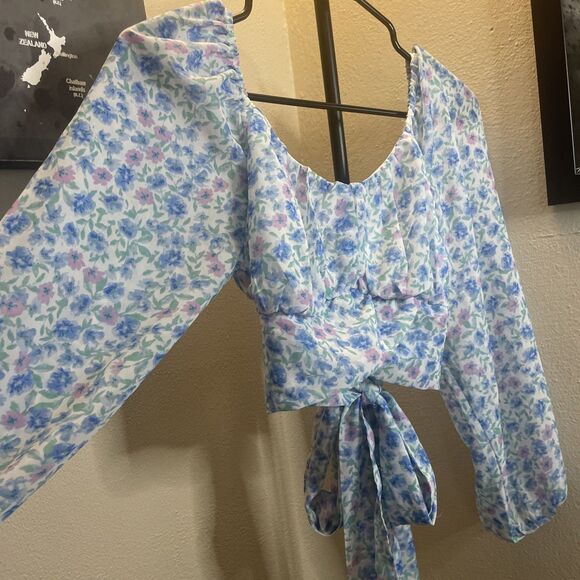Japna White Blue Floral Pattern Long Puff Sleeve Back Tie Crop Top Blouse S - Picture 9 of 11